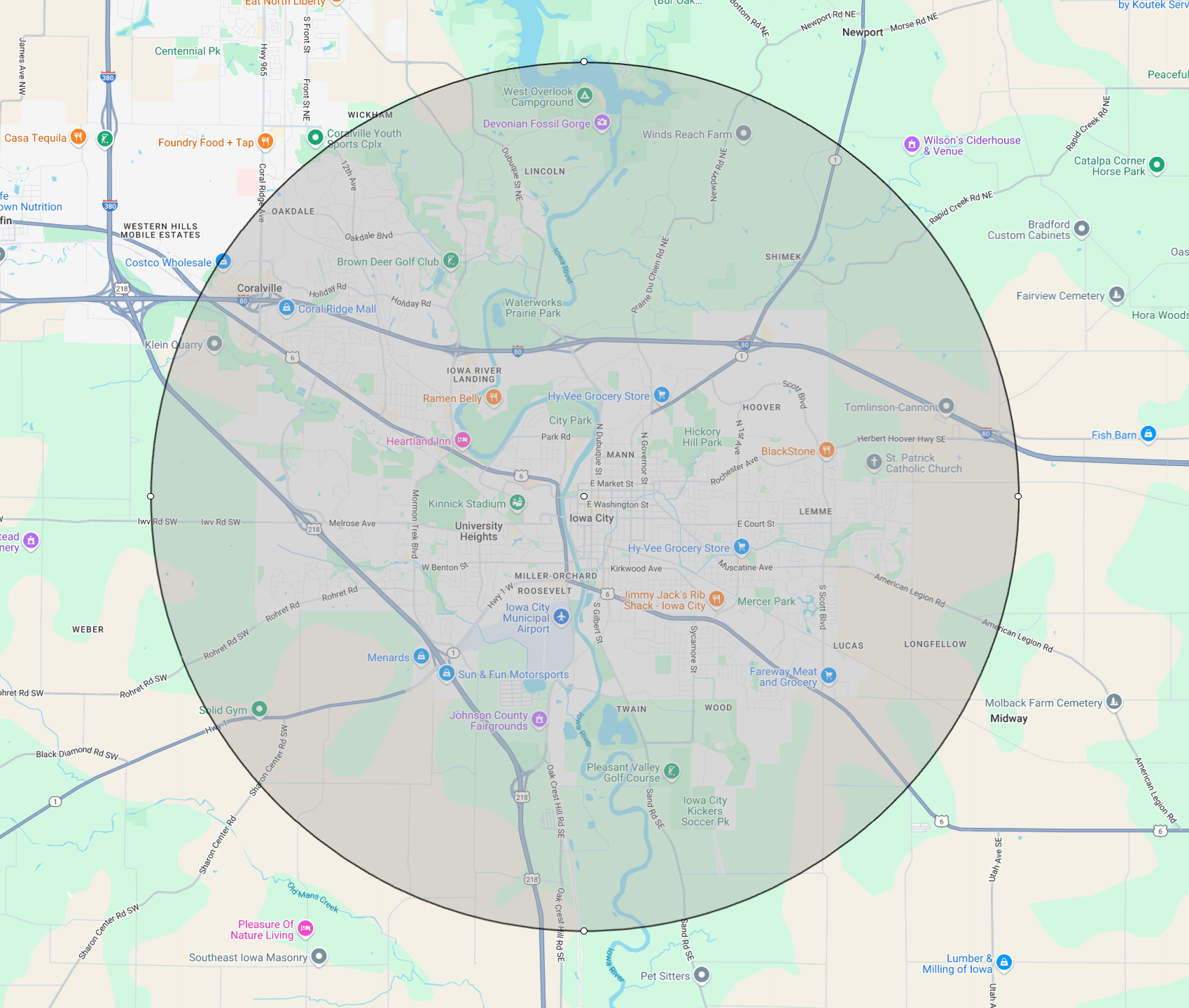 image shows a map of Iowa City, with a 5 mile radius around central campus.