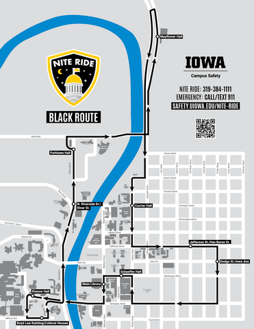 Map of the University of Iowa Nite Ride Black Route, showing a black loop with stops at Mayflower Hall, Parklawn Hall, N. Riverside Dr./River St., Rienow Hall, Boyd Law Building/Cultural Houses, Main Library, Currier Hall, Schaeffer Hall, Jefferson St./Van Buren St., and Dodge St./Iowa Ave. Contact info, website, and QR code appear on the right.