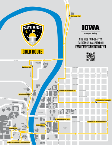 Map of the University of Iowa Nite Ride Gold Route, showing a yellow loop with stops at key campus locations including Mayflower Hall, Parklawn Hall, Main Library, and Boyd Law Building. Contact info, website, and QR code are displayed on the right.