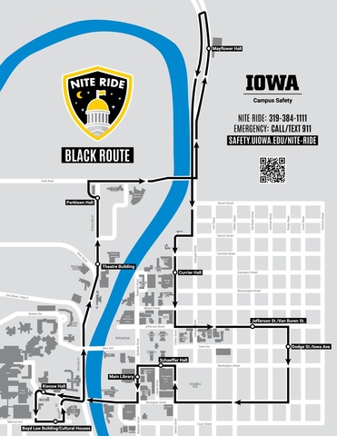 Map of the University of Iowa Nite Ride Black Route showing the nighttime shuttle path through campus and downtown, with major buildings and streets labeled.
